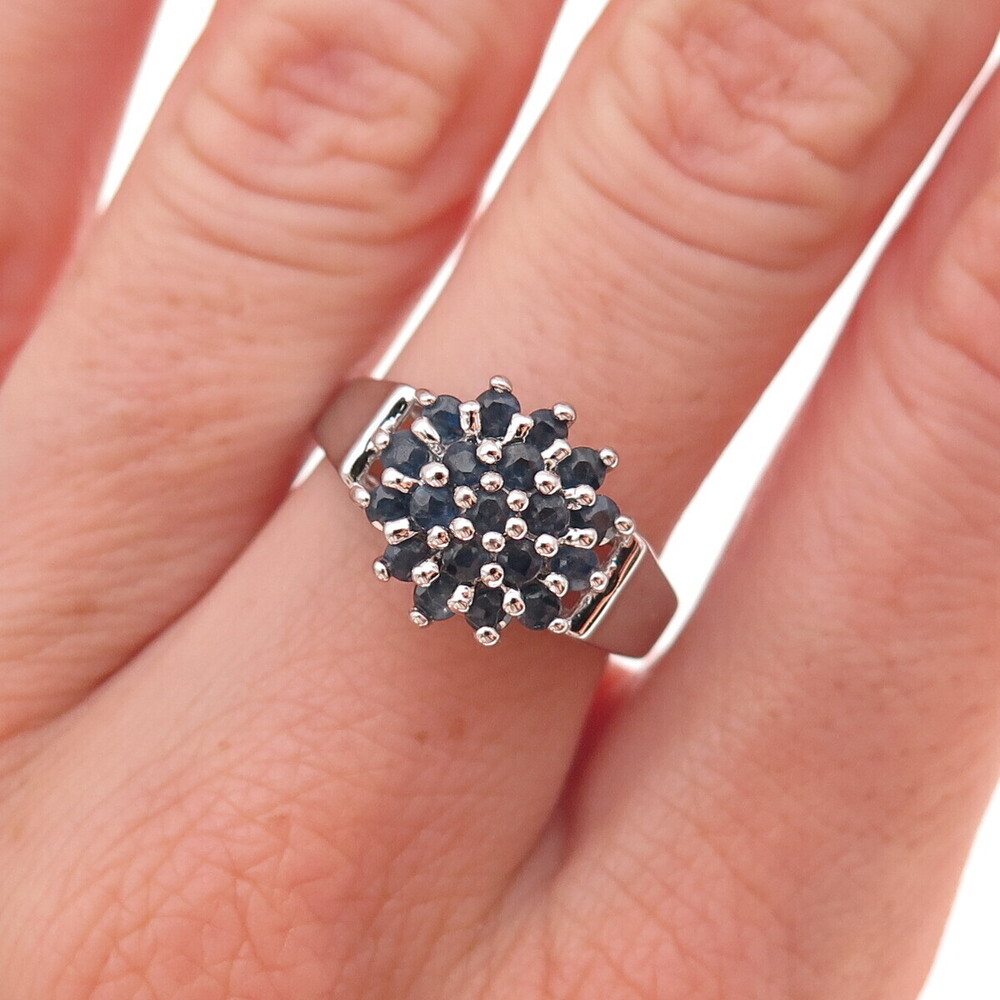 925 Sterling Silver Vintage Real Round-Cut Sapphire Floral Ring Size 7